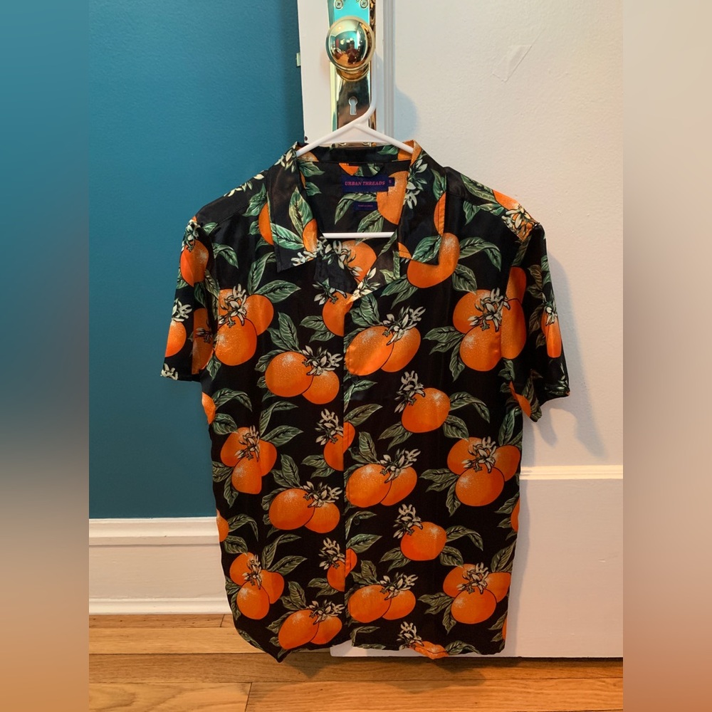 Orange Print Short Sleeve Button Up